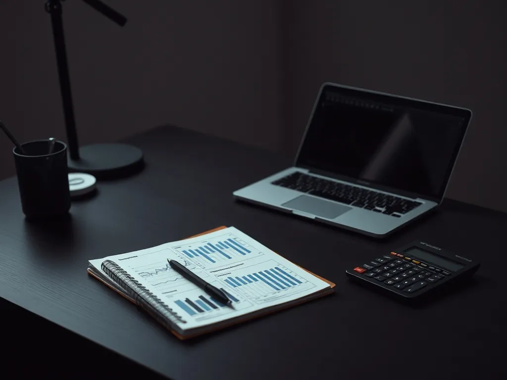 A minimalist office desk with a laptop, a notebook with fina