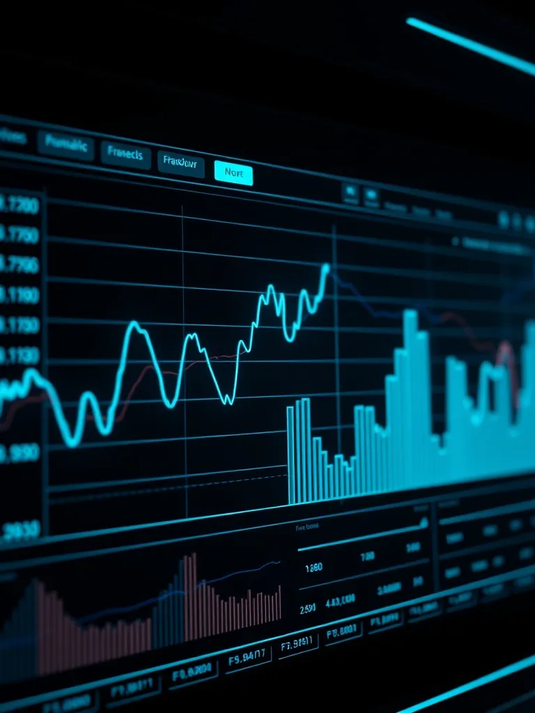 High-tech digital dashboard with financial charts and neon c