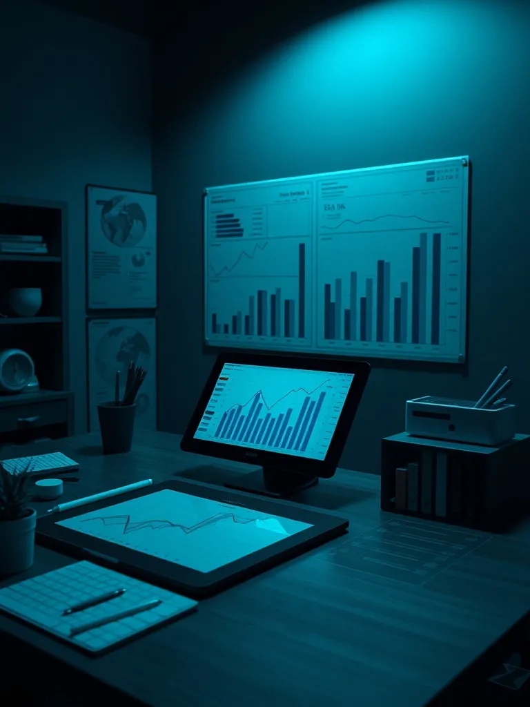 Professional financial workspace with charts, digital tablet