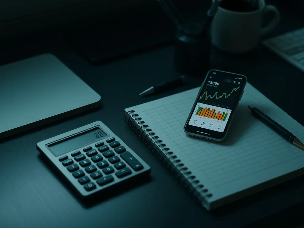 A minimalist organizational desk with a calculator, notebook
